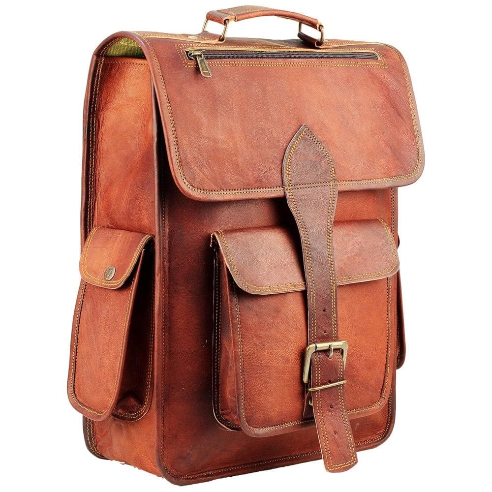 Mochila Vintage de Couro para Laptop Unissex, HULSH, Marrom