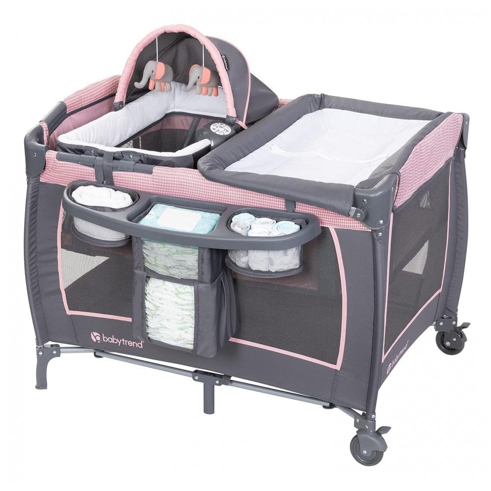 Berço Cercado Portátil com Controle de Volume, Luz Noturna e Vibração, Baby Trend, Rosa