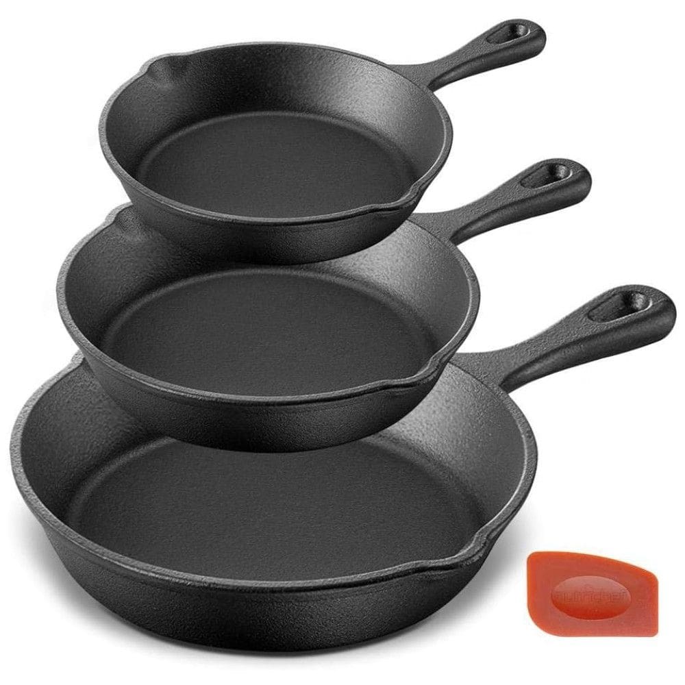 Conjunto de Frigideiras de Ferro Fundido Profissional com Alças de Silicone, 3 Peças, NUTRICHEF NCCI76, Preto
