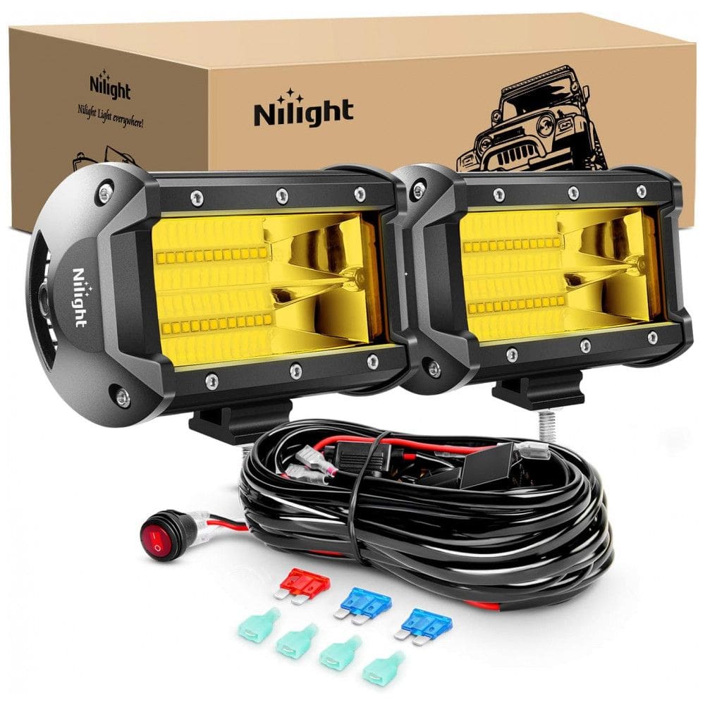 Farol de Milha LED Off Road com 10800 Lúmens e Luz Âmbar com Chicote 12V 24V, 72W, 2Un, Nilight ZH304, Preto