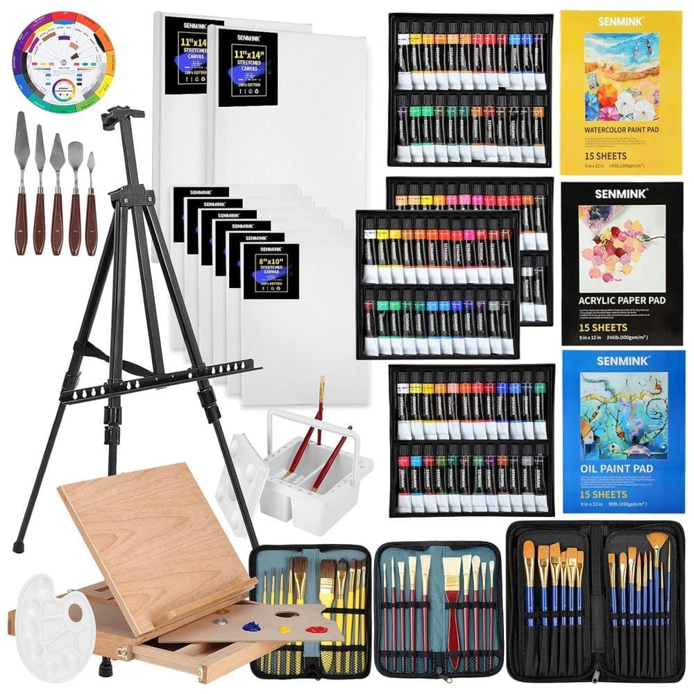 Deluxe Artist Kit de Pintura Profissional com Cavalete de Madeira, 149 Peças, SENMINK, Marrom