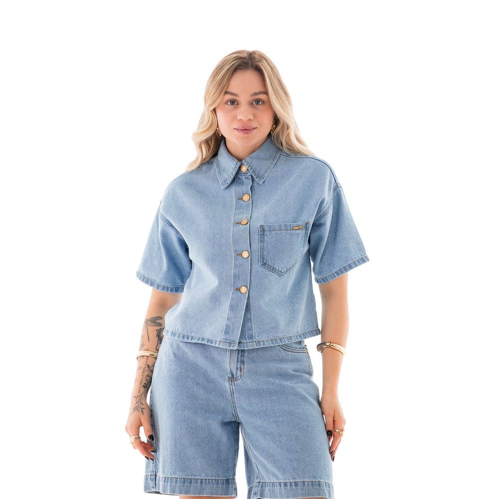 Camisa Jeans Feminina Arauto Oversized Cropped