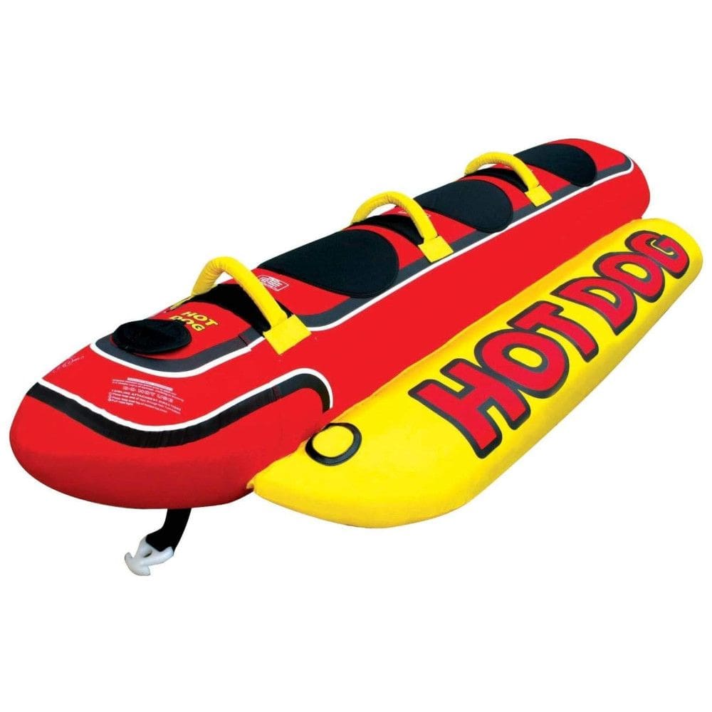 Boia Rebocável Hot Dog Triple Rider Inflável para 3 Pessoas com Alças, AIRHEAD, Vermelho e Amarelo