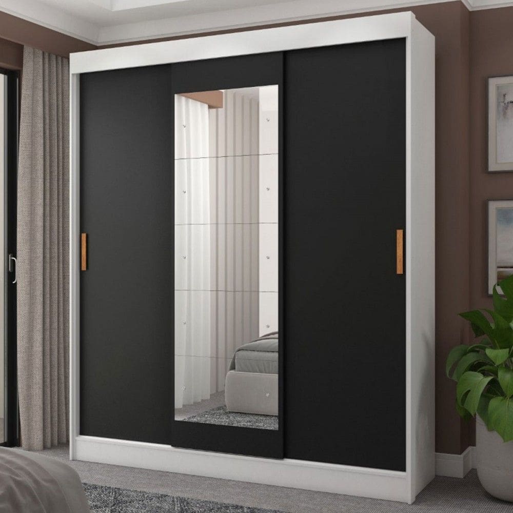 Guarda-Roupa Casal Capri 3 Portas 4 Gavetas com Espelho Flex Branco/Preto - Fellicci