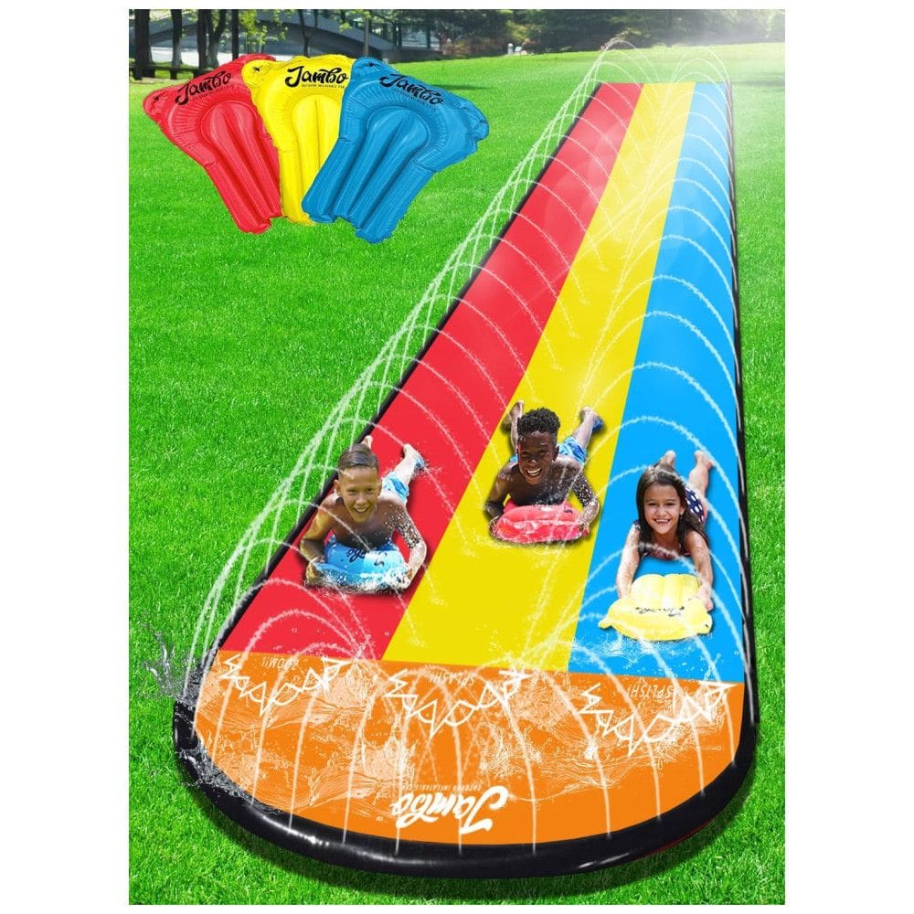 Parque Aquático Inflável 6 Metros com 3 Bodyboards e Sistema de Aspersão de Água de 3 Vias para Crianças, Jambo, Colorido