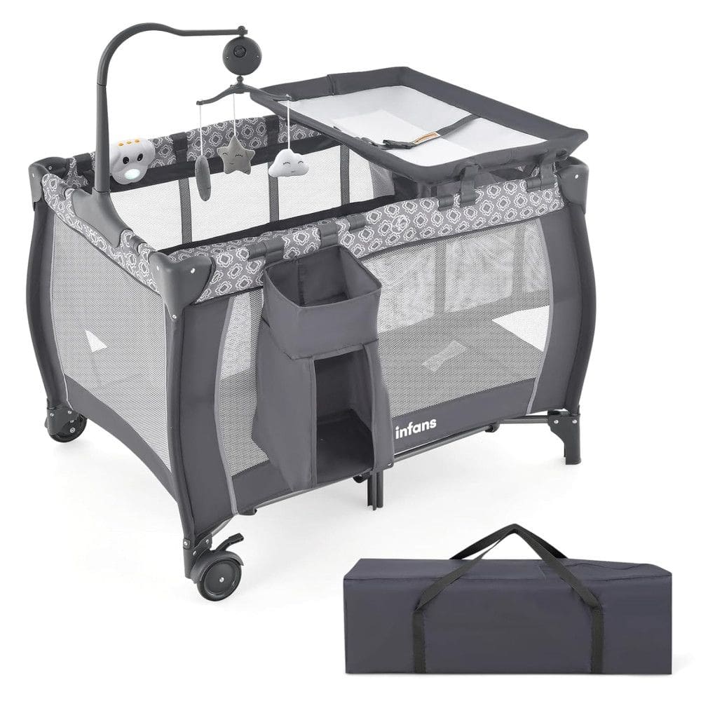Berço Cercado Portátil 3 em 1 Dobrável com Colchão Removível, Trocador, Móbile, Bolsa de Transporte e 2 Rodas, INFANS, Cinza