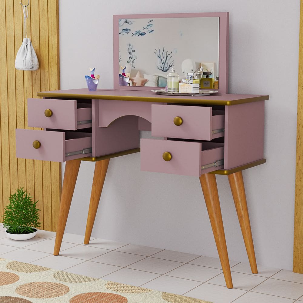 Penteadeira Infantil Retrô com Espelho e 4 Gavetas Quarto Menina