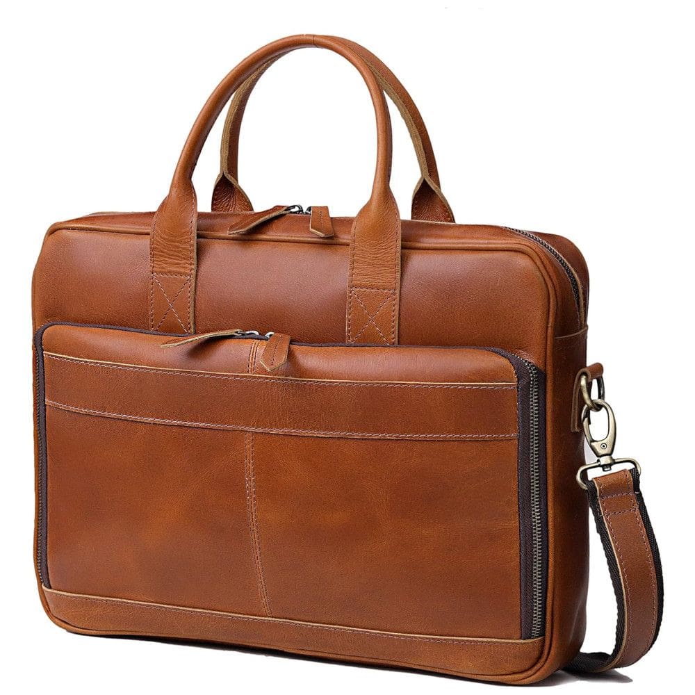 Bolsa Carteiro Masculina Couro de Búfalo para Laptop com 18 Polegadas, VC VINTAGE COUTURE, Marrom Claro