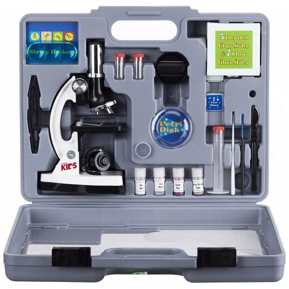 Kit Microscópio de Metal 120X 1200X 5 com Maleta de Transporte, Luz LED para Crianças, AMSCOPE M30 ABS KT2 W, Branco