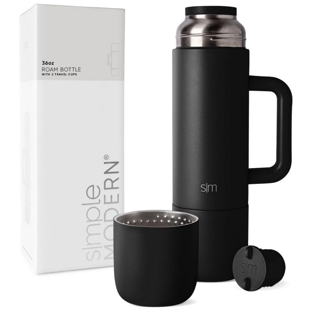 Garrafa Térmica para Bebidas Quentes 1L com 2 Canecas para Viagens e Piquenique, Simple Modern, Preta