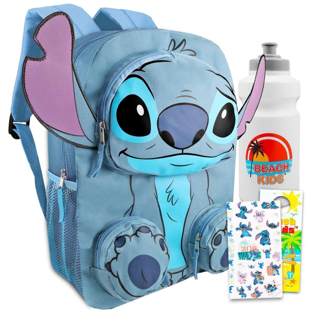 Mochila Escolar Infantil Stitch 5L com Bolsos Frontais, Garrafa de Água e Figurinhas para Crianças, Lilo and Stitch, Azul