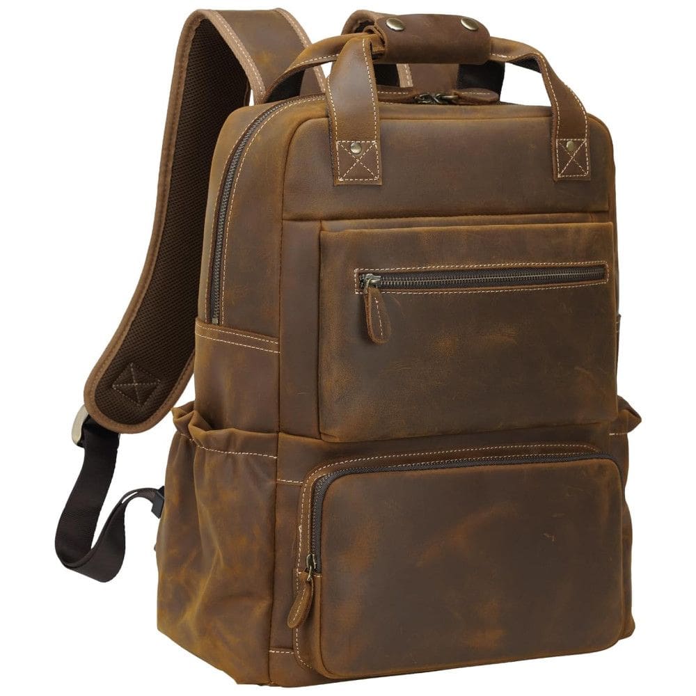 Mochila Unissex de Couro para Laptop, TIDING, Marrom