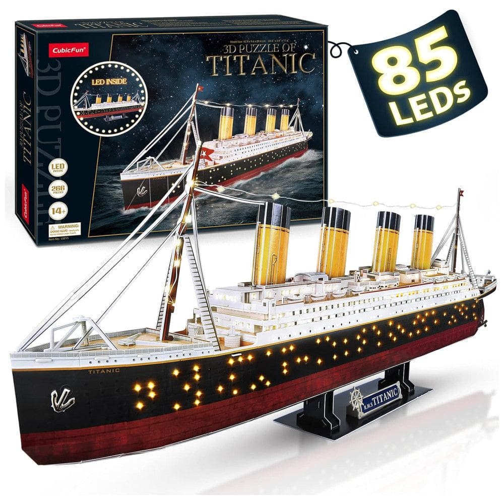 Quebra Cabeças 3D Titanic com 85 Leds para Crianças e Adultos, 266 Peças, CUBICFUN L521h, Preto