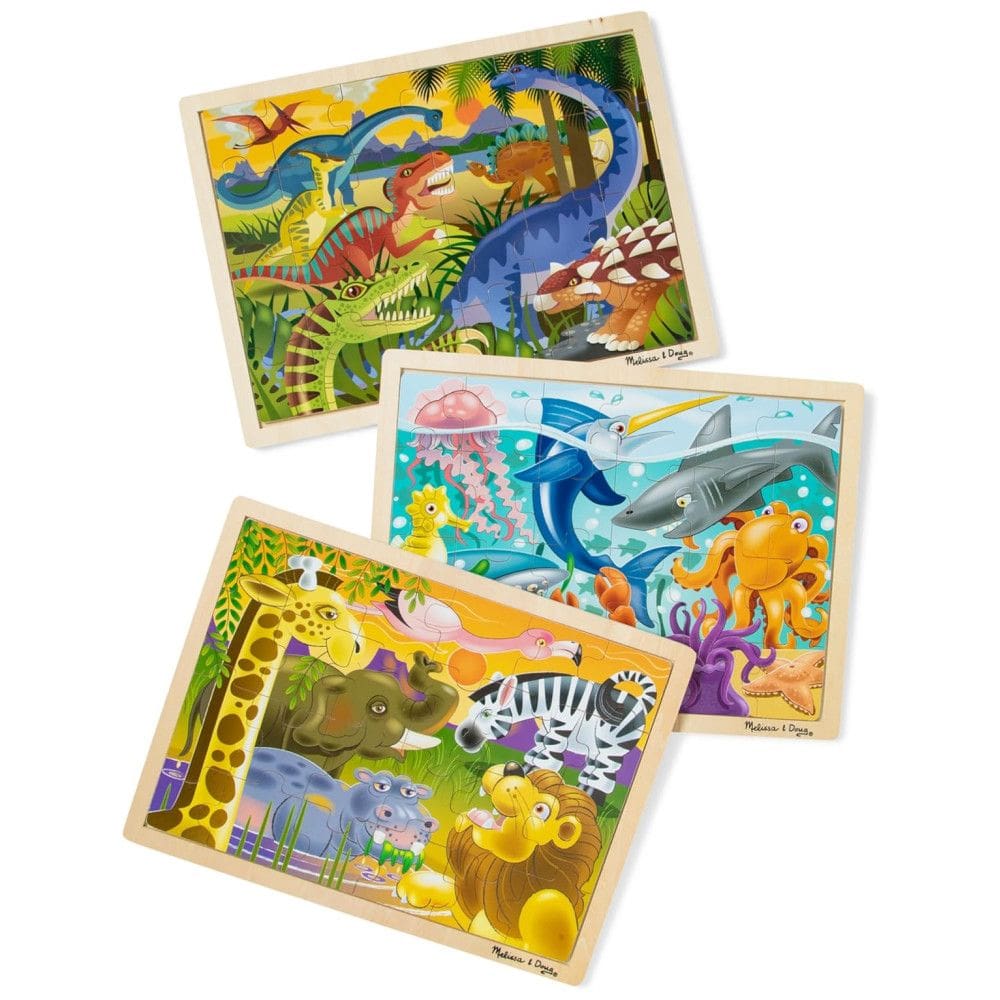 3 Quebra Cabeça Infantil de Madeira, Temas Dinossauro, Safari e Oceano para Crianças Acima de 3 Anos, Melissa & Doug