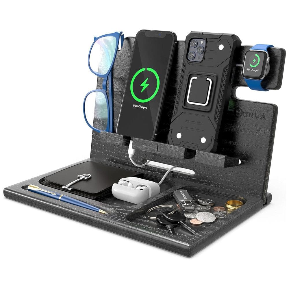 Barva Porta Chaves e Organizador Tudo em Um de Madeira com Suporte para Celular, Cinza