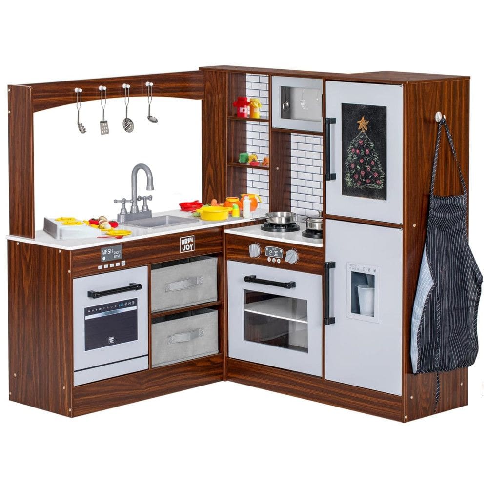 Cozinha Infantil Modular em Madeira com Luz, Som, Pia, Micro-Ondas, Forno, Avental e Quadro Negro, BRINJOY, Marrom