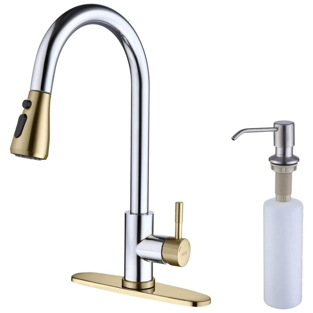 Torneira Cozinha com Dispensador de Sabão, Pulverizador de 3 Modos, Aço Inoxidável, Keer, Cromada e Dourada