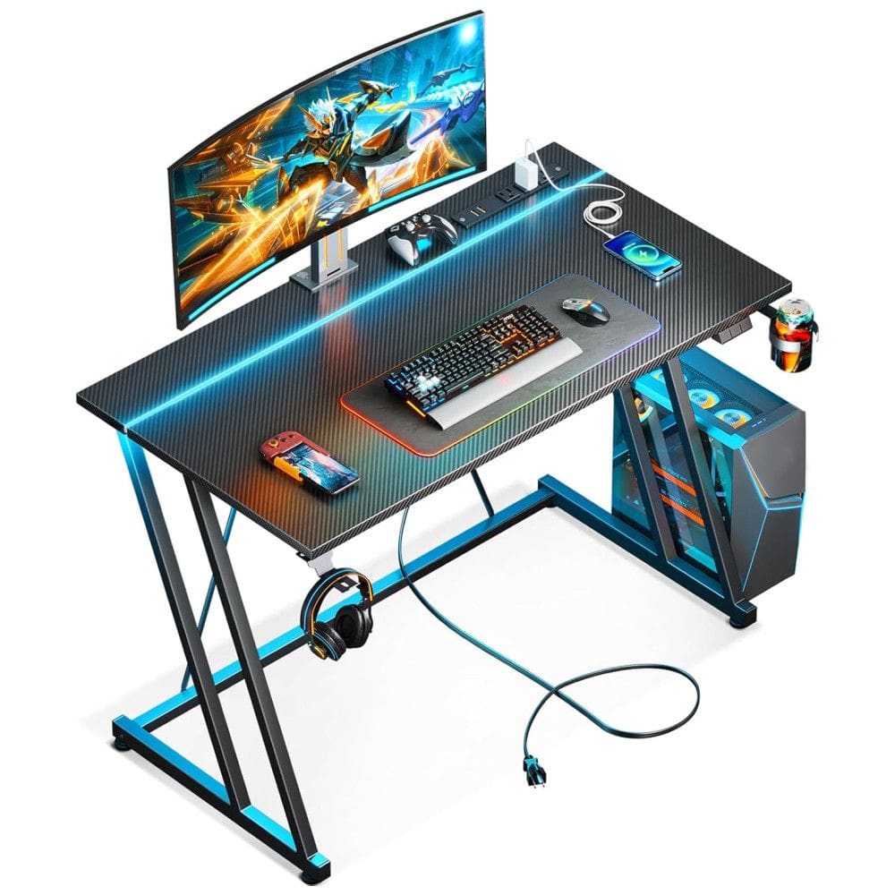 Mesa Gamer 39” 99 cm com Textura de Fibra de Carbono, Gancho para Fone de Ouvido, Tomadas, 1 Portas USB e Luz LED, 110V, MOTPK