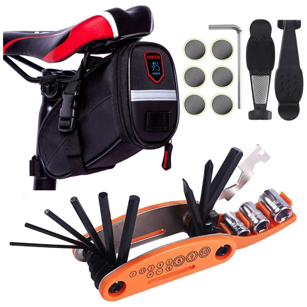 Kit de Reparo Emergencial de Bicicleta com Mini Bomba 120 PSI e Bolsa de Transporte, 16 Peças, YBEKI, Preto