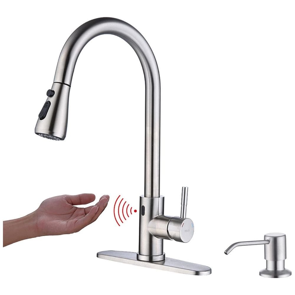 Torneira Cozinha com Sensor de Movimento, Pulverizador e Dispensador de Sabão, Aço Inoxidável, Keer, Níquel Escovado