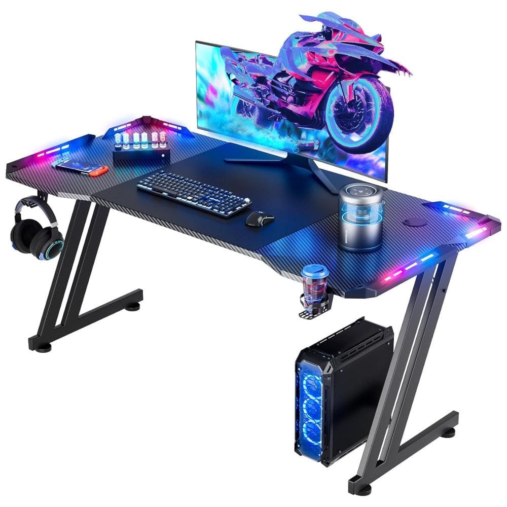 Mesa Gamer Ergonômica 47” 119 cm com Superfície de Fibra de Carbono, Gancho para Fone de Ouvido, Luz LED e Porta-Copos, 110V, HLDIRECT