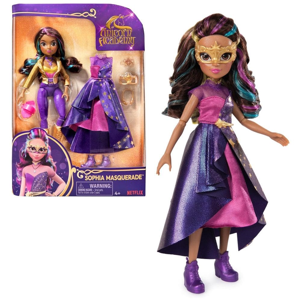 Boneca Sophia no Baile de Máscaras de 24 cm com 9 Acessórios de Moda e Cabelo com Listras de Arco-Íris para Crianças de 4 Anos ou Mais