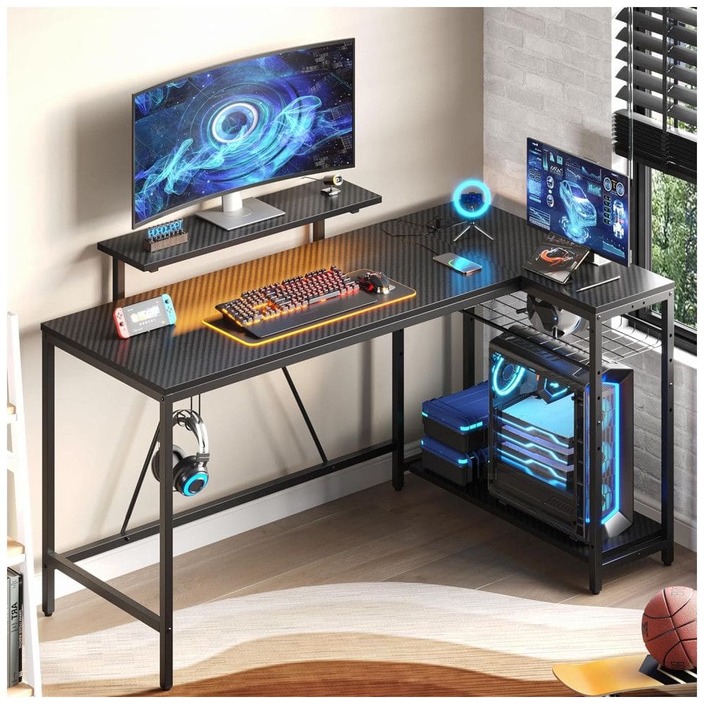 Mesa Gamer de Fibra de Carbono 58” 147 cm com Luz LED, Tomadas, Prateleiras, Gancho para Fone de Ouvido e Portas USB, 110V, Bestier, Preto