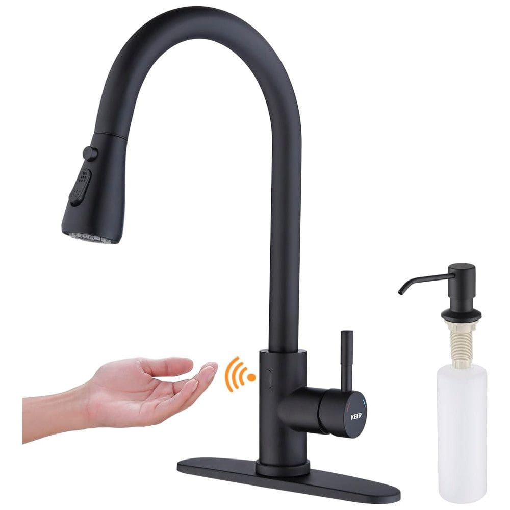 Torneira Cozinha com Sensor de Movimento, Pulverizador e Dispensador de Sabão, Aço Inoxidável, Keer, Preto Fosco