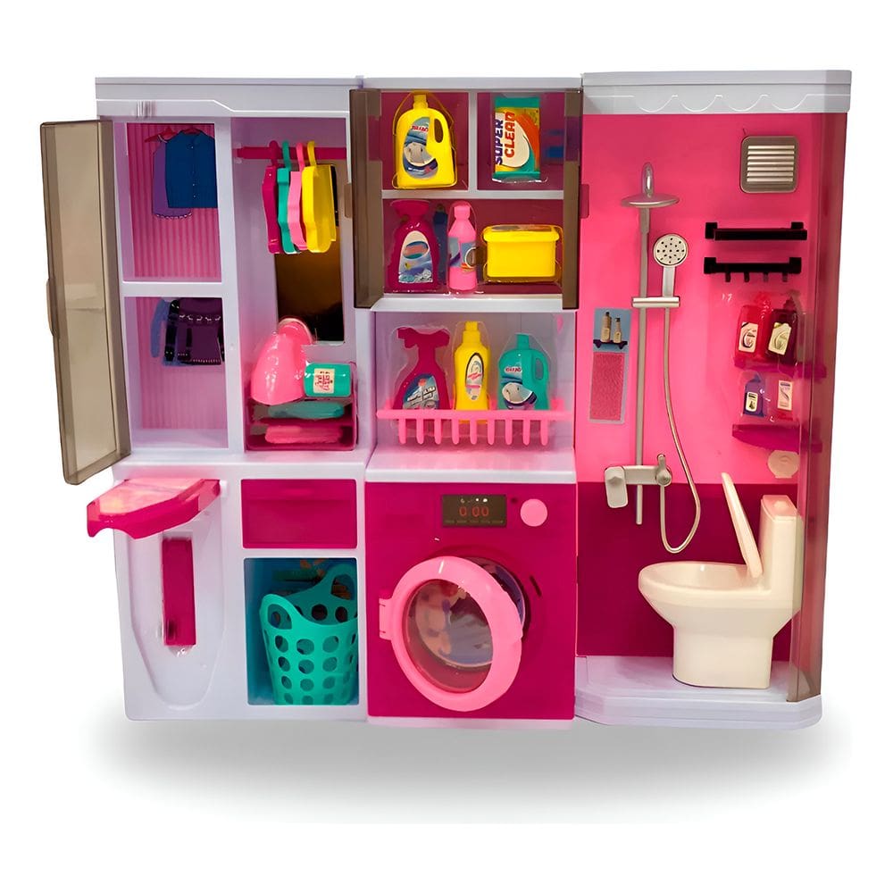 Kit Lavanderia Boneca Casinha Luz Som Máquina De Lavar