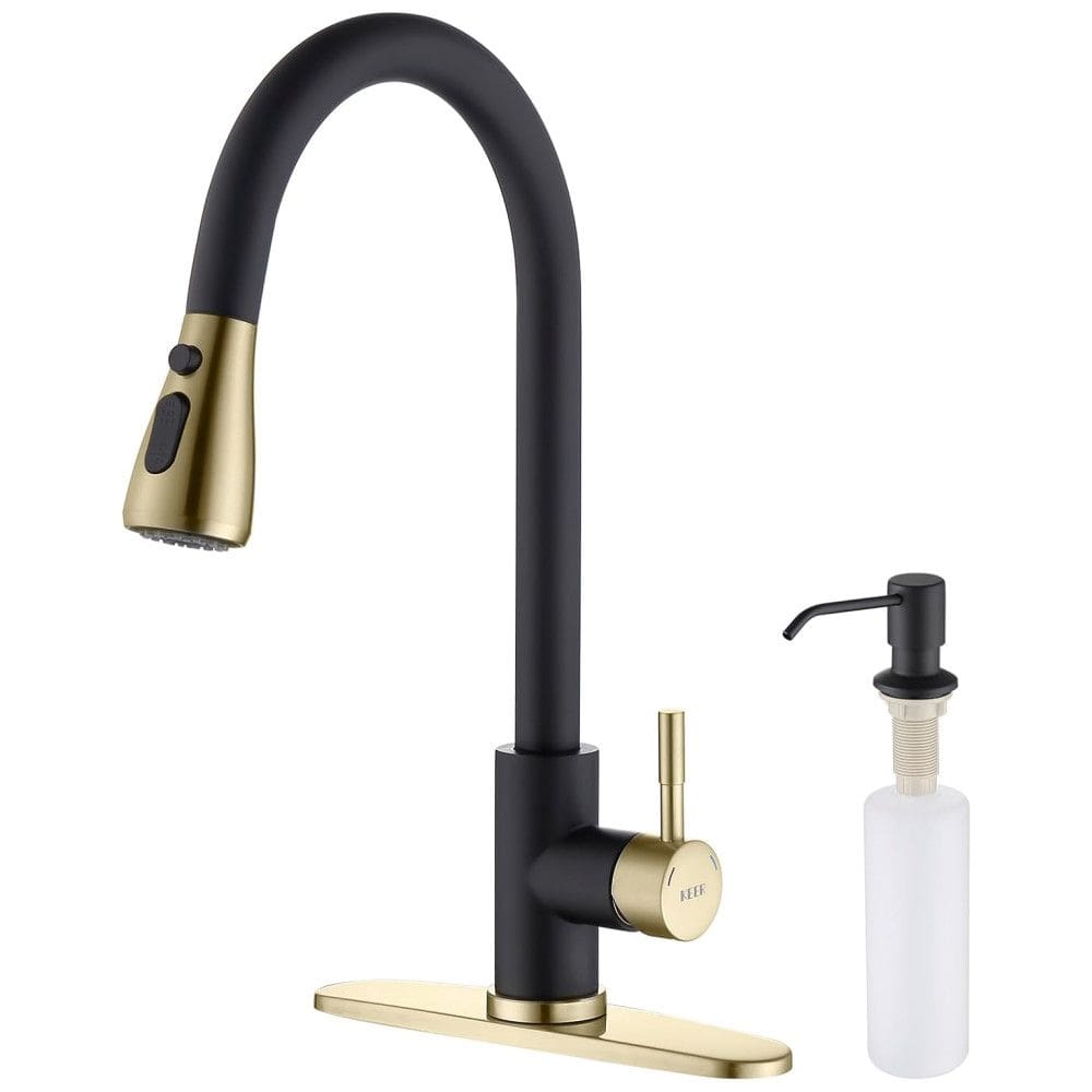 Torneira Cozinha com Dispensador de Sabão, Pulverizador de 3 Modos, Aço Inoxidável, Keer, Preto Fosco e Dourado
