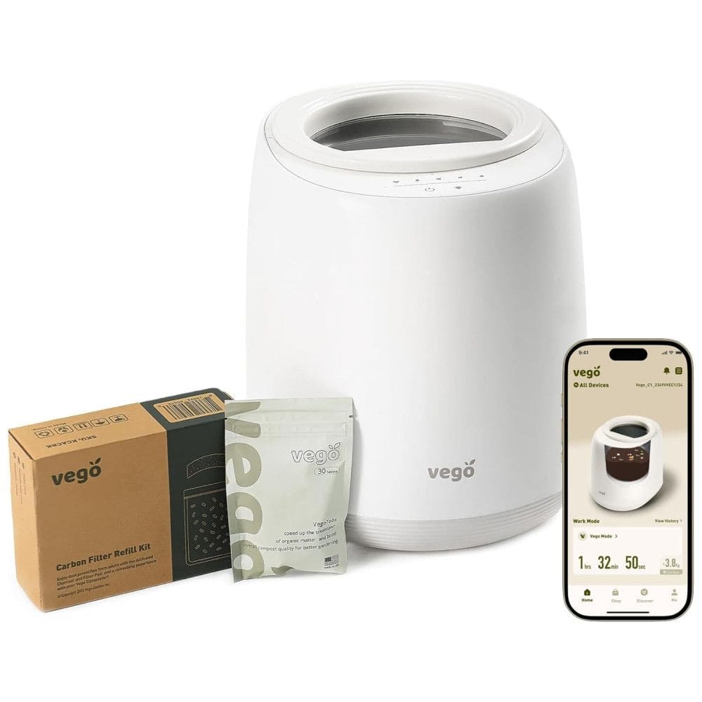 Composteira Elétrica de Cozinha 4L para Ambientes Internos com 5 Modos, Inteligente Baseada em Peso e Aplicativo, 110V, Vego, Branca