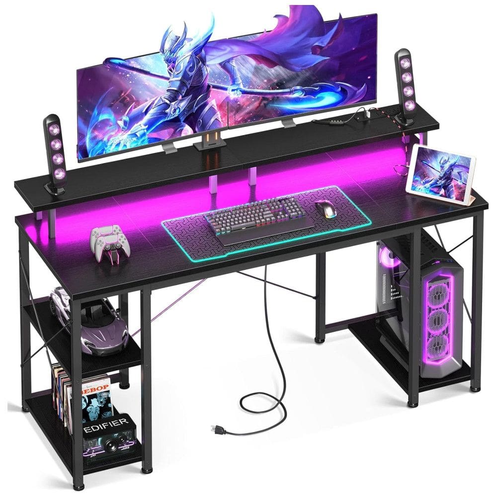 Mesa Gamer 55” 138 cm com Superfície de Fibra de Carbono, Luz LED, Tomadas, Prateleiras de Armazenamento e Suporte para Monitor, 110V, ODK