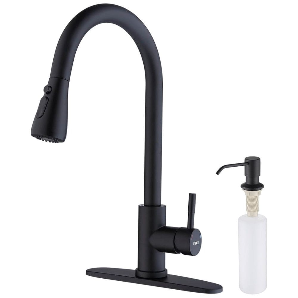Torneira Cozinha com Dispensador de Sabão, Pulverizador de 3 Modos, Revestimento de Metal de Chapeamento Profundo, Keer, Preto Fosco