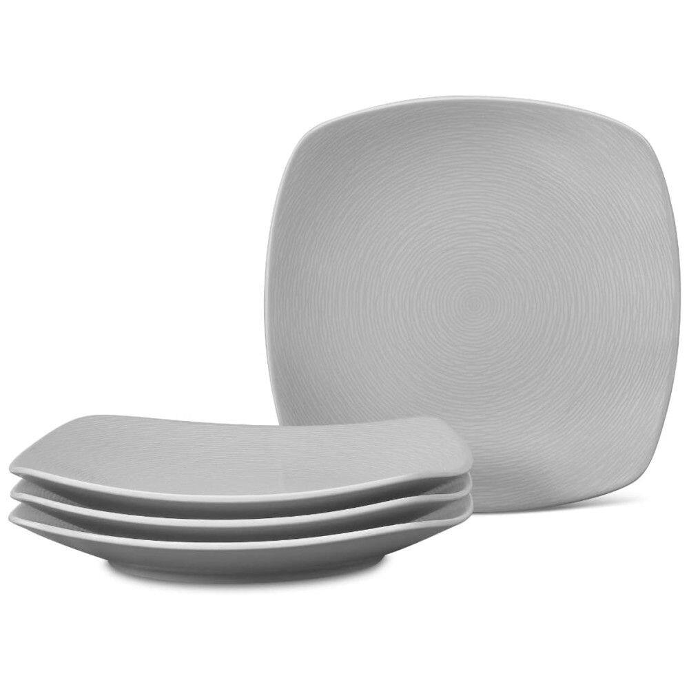 Conjunto de Pratos para Jantar com 4 Peças, Formato Quadrado, Material de Porcelana e Designer em Círculos Concêntricos em Espiral