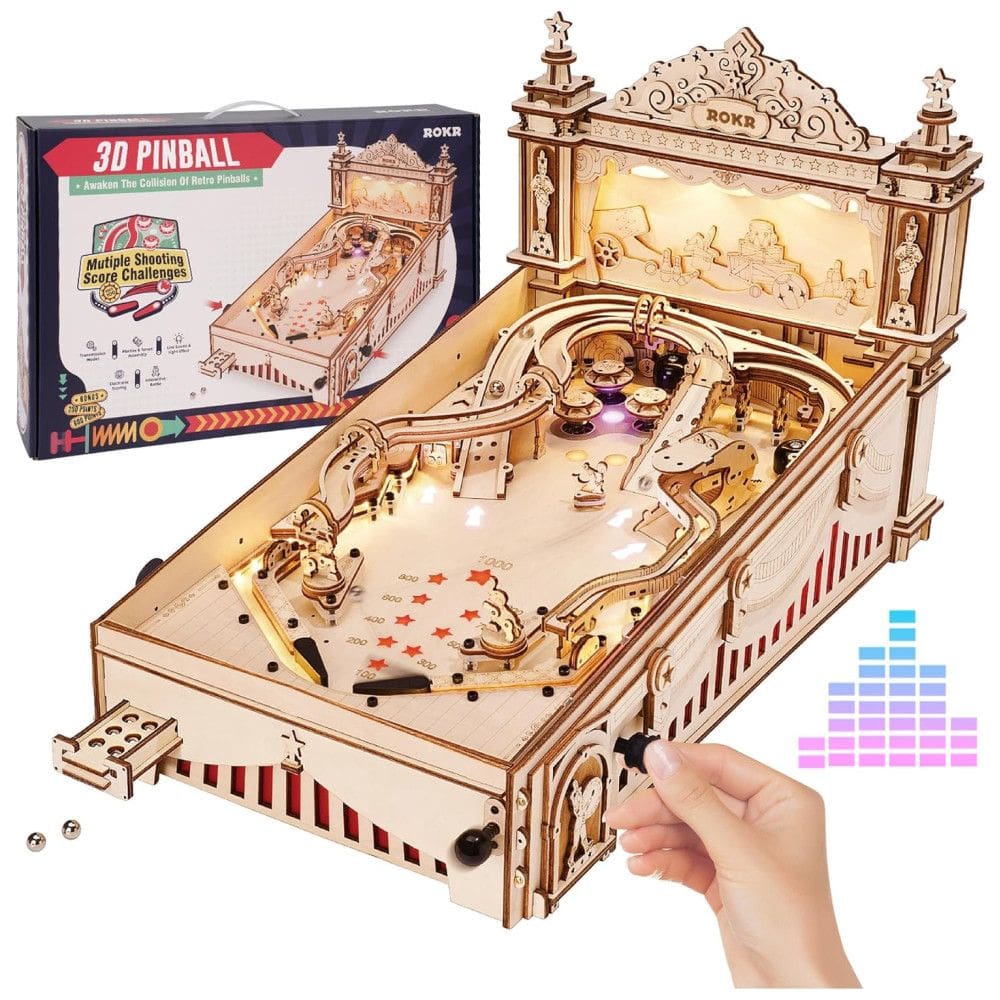 Quebra Cabeças 3D em Madeira para Adultos, Tema Mini Máquina Pinball com 482 Peças, ROKR EG01