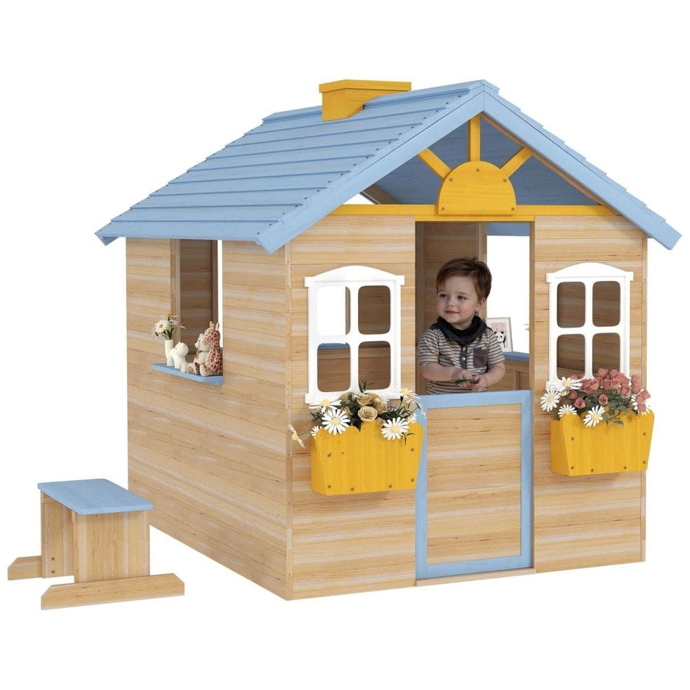 Casa de Madeira para Crianças Outsunny, Ideal para Brincadeiras ao Ar Livre, com Porta, Janelas, Banco e Estação de Serviço,