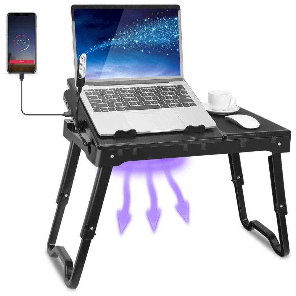 Mesa para laptop para cama, com ventilador, com pernas dobráveis, Bandeja com luz LED, 4 portas USB, zenamento, mouse pad, TEQHOME K653