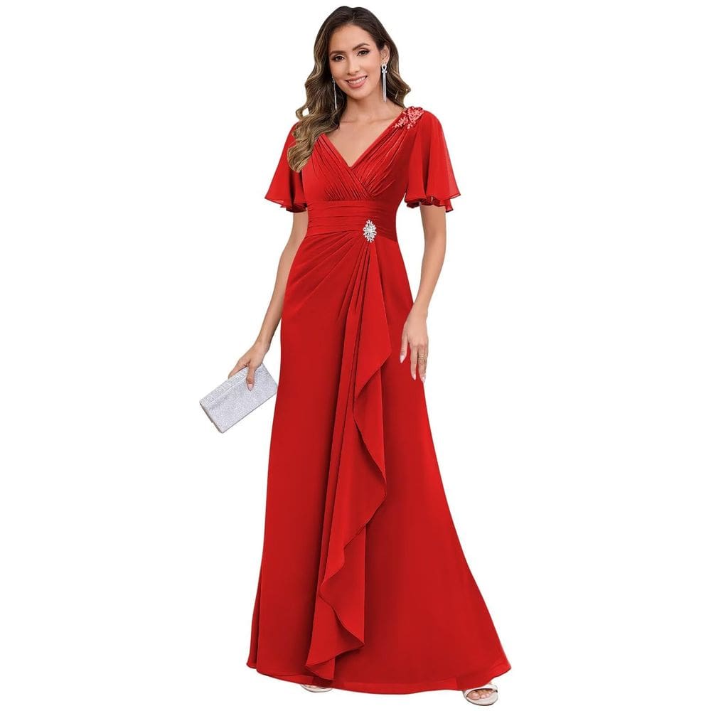 Vestido de formatura POMUYOO, manga comprida, apliques de renda, vermelho chiffon
