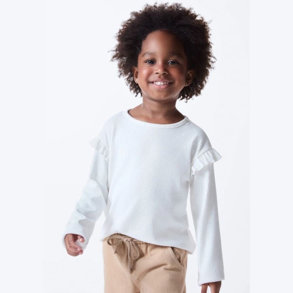 Blusa Manga Longa Menina Canelada Babados Off White - Hering