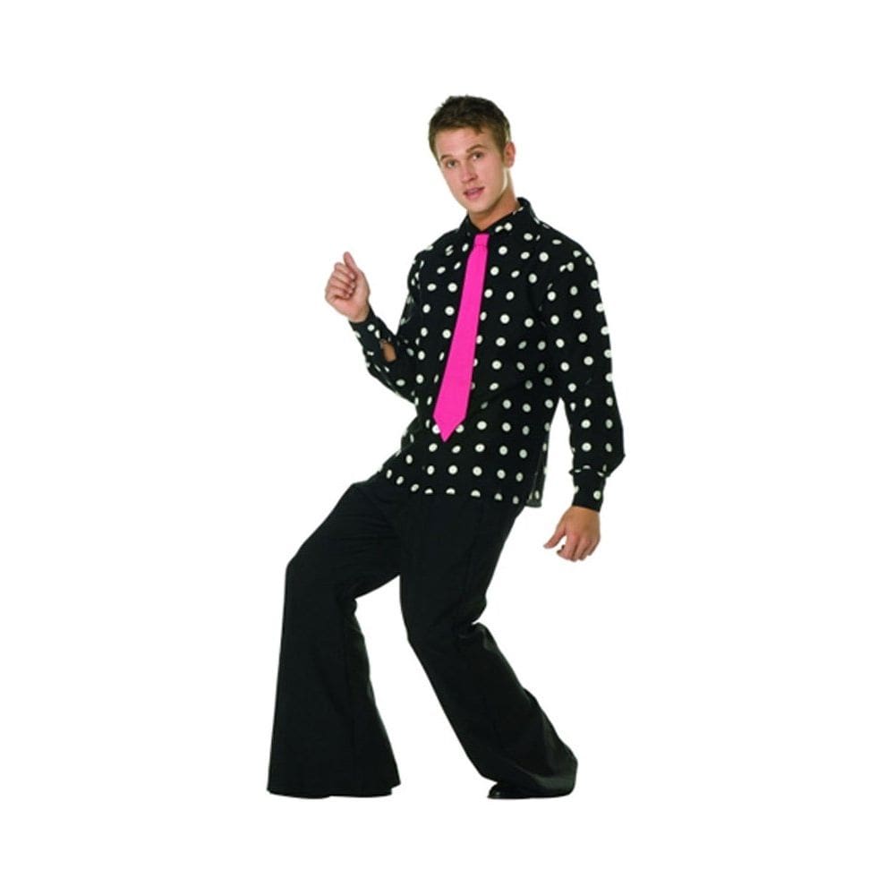 Camisa Costume RG Costume Disco Heat preta/branca com fundo de sino com gravata Fuschia