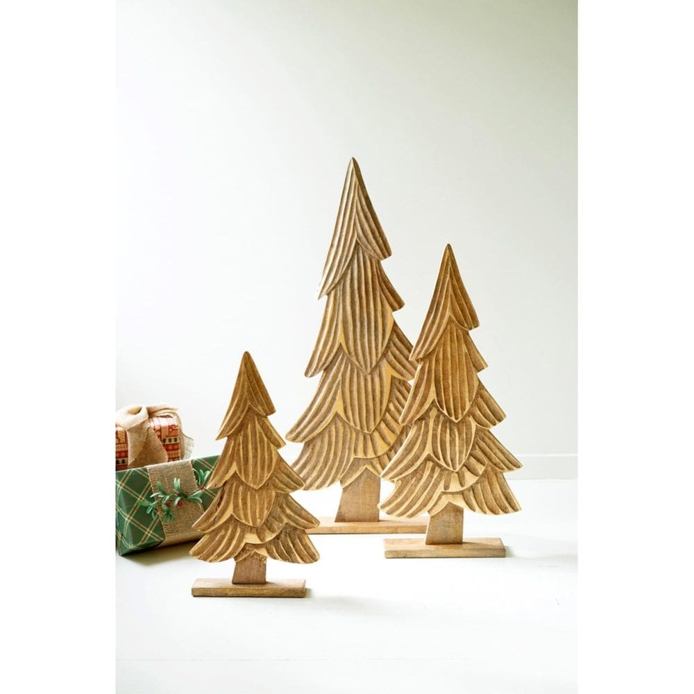Conjunto de árvores de Natal de madeira esculpida KALALOU Natural Gold