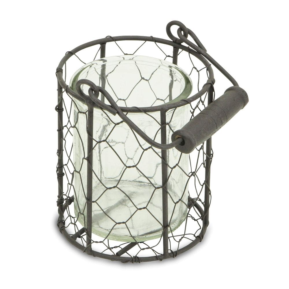 Frasco de vidro redondo 15S001BRS da Planter Cheung em cesta de arame