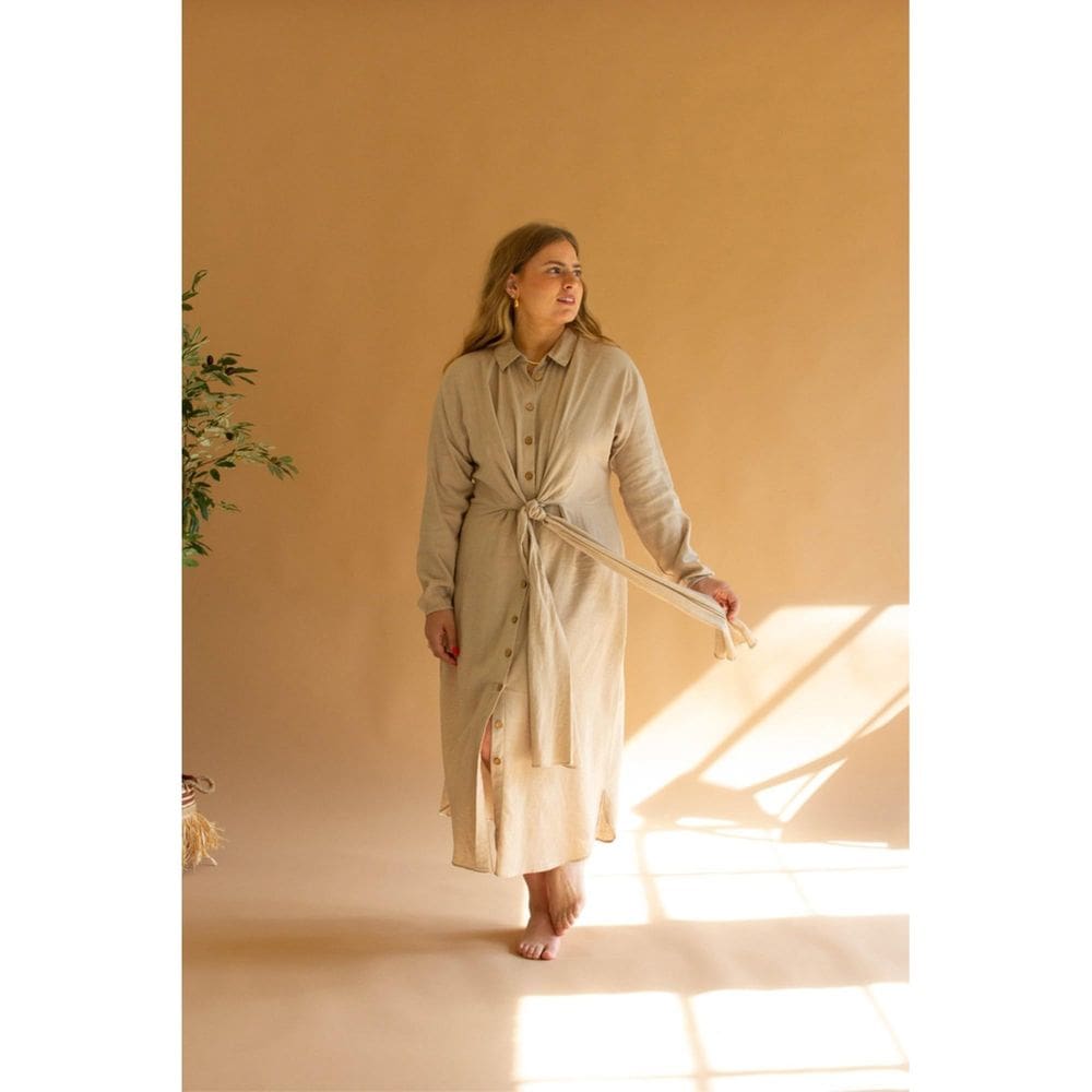 Vestido KALALOU de manga comprida com botões e gravata frontal de aveia