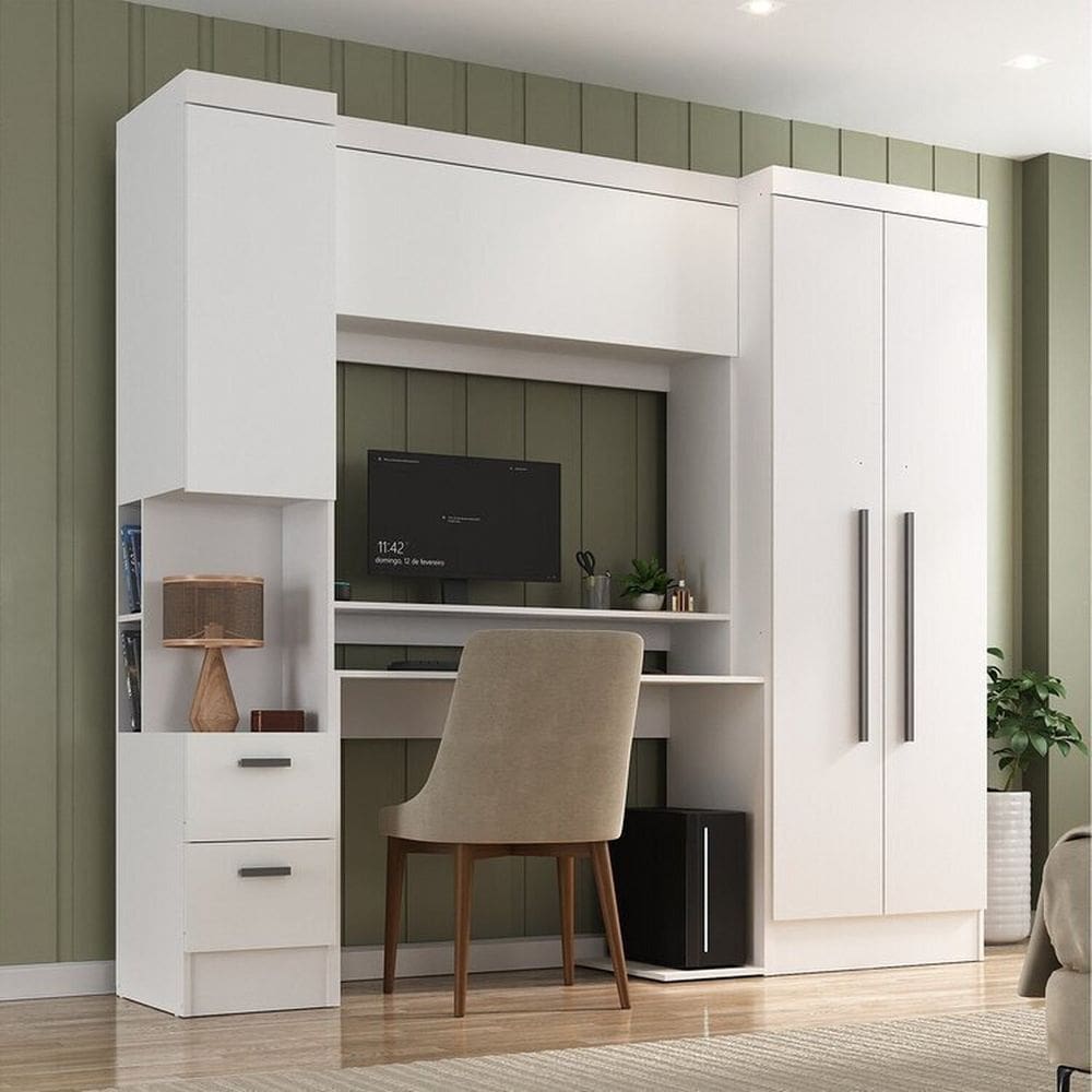 Escrivaninha com Armário 4 Portas e 2 Gavetas Modulado Viena Espresso Móveis Branco