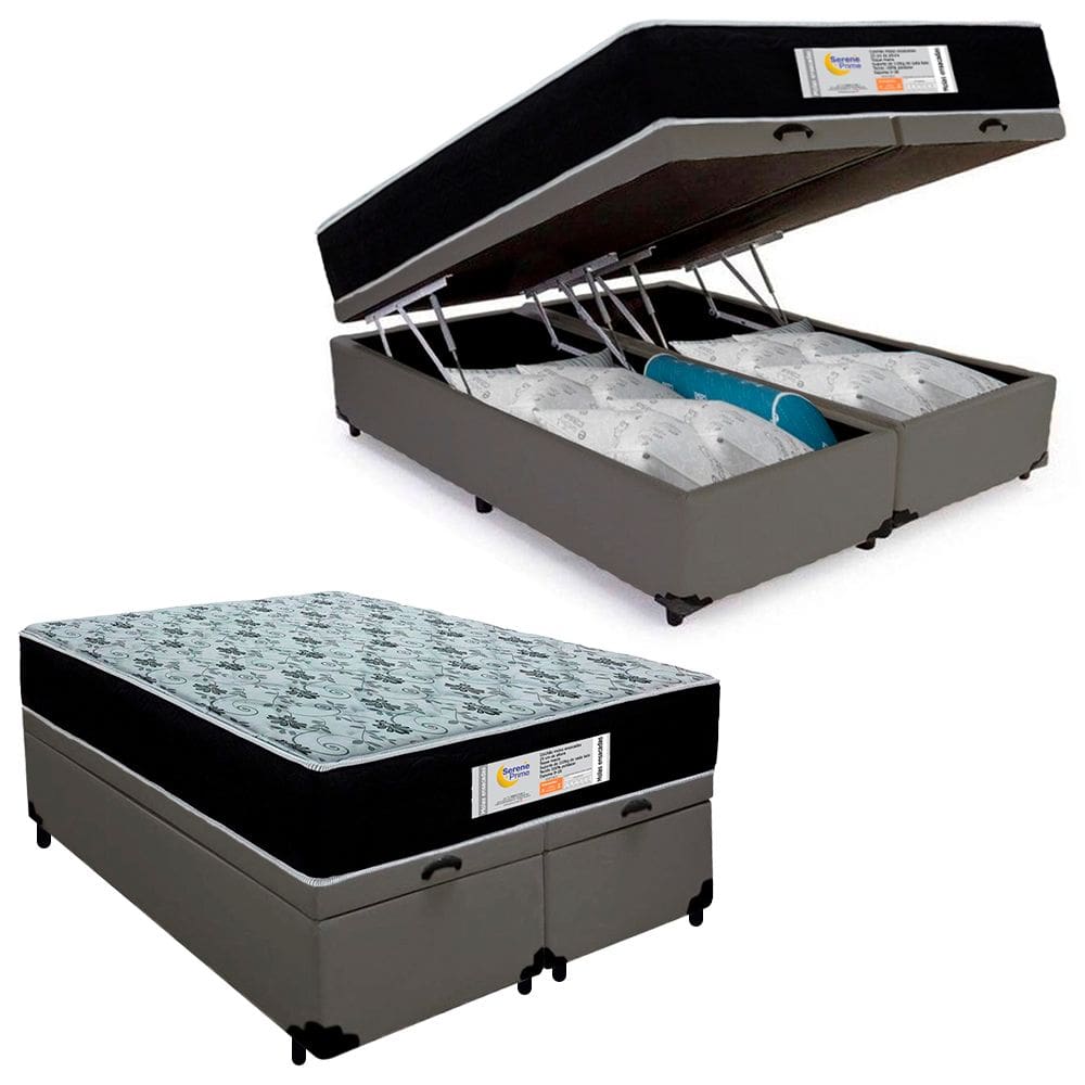 Cama Box Baú Casal Bipartido Sintético + Colchão Molas Ensacadas SerenePrime Sonnolux - 138cm