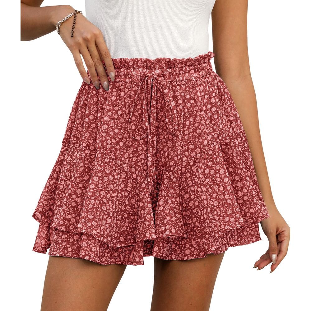 Shorts LOMMOJ, casual, chiffon, babados, tênis, vermelho, floral