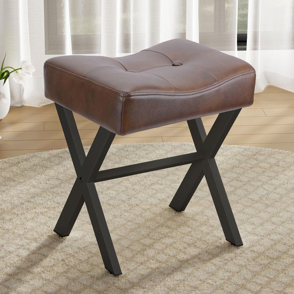 Cadeira Vanity Stool Memobarco Leather de 18 polegadas com perna em X de metal