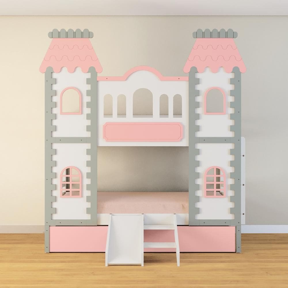 Beliche Castelo Encantado 02 Gavetas Rosa Kit Escada/Escorregador - Madeira Maciça Branco/Cinza/Rosa | Housin