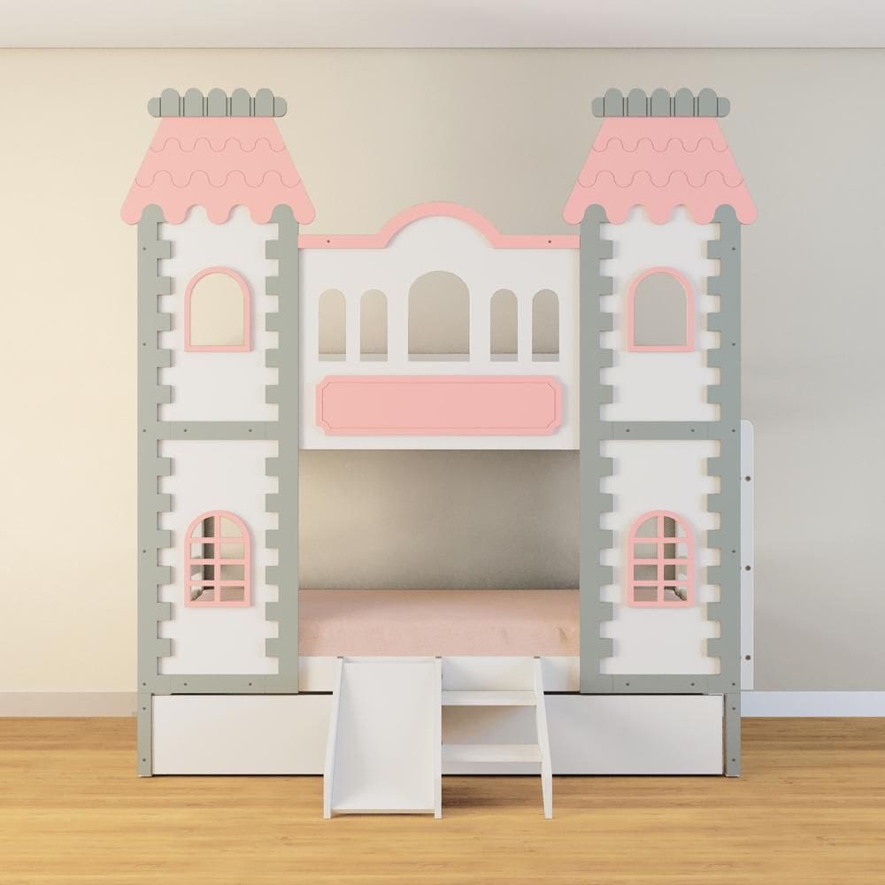Beliche Castelo Encantado 02 Gavetas Kit Escada/Escorregador - Madeira Maciça Branco/Cinza/Rosa | Housin