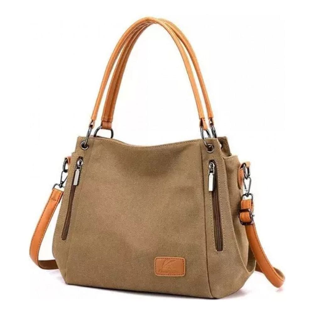 Bolsa de ombro feminina de algodão e couro marrom